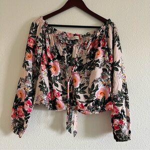 NWT Altar’d State Pink Floral Off the Shoulder Long Sleeve Tie Top Size Small